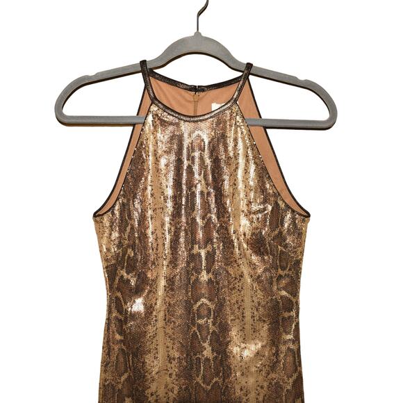 CACHE $158 Gold/Brown Sequin Snake Print Halter Neck Sheath‎ Dress Size 2 - Picture 3 of 5